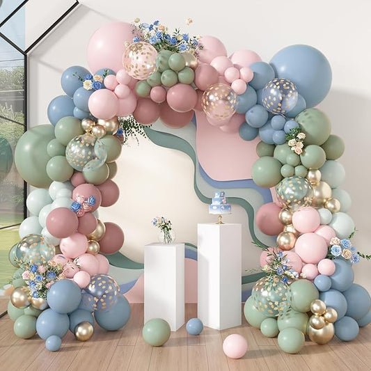 Amandir 173Pcs Pink Blue Green Balloon Arch Garland Kit, Dusty Baby Pink Mauve Pastel Mist Haze Green Blue Gold Confetti Balloons for Easter Shower Gender Reveal Wildflower Birthday Party Decorations