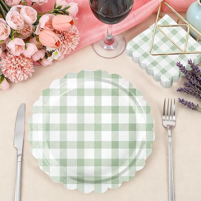 Oigco 50 Pcs Sage Green Gingham Party Supplies, Sage Green Disposable Scalloped Plates and Napkins for Wedding Bridal Shower Birthday Baby Shower, Serves 25