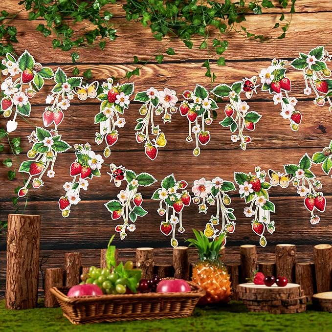 Strawberry Garland Banner Berry First Birthday Decor Strawberry Wildflower for Spring Enchanted Garden Party Strawberry Theme Birthday Decoration for Girl Sweet Baby Shower Spring Garden Tea Party(8.2ft)