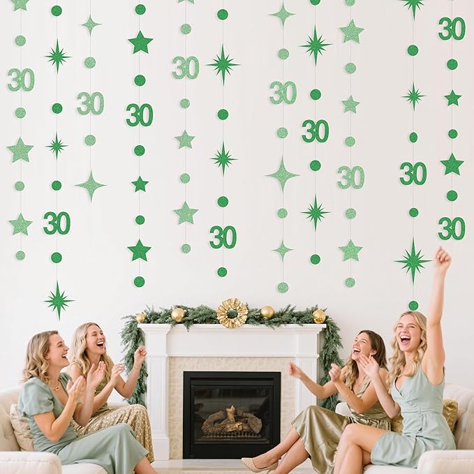 Green 30th Birthday Decorations Number 30 Circle Dot Star Garland Glitter Streamer Banner Backdrop for Women Men Dirty Thirty Cheers to 30 Years Old Birthday 30th Anniversary Party Supplies