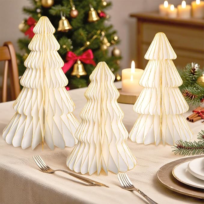 5 Pcs Christmas Table Decorations Indoor, 3D Honeycomb Paper Christmas Trees, Light Up Vintage Table Centerpieces for Christmas Winter Wonderland Holiday Party Weddings Home Decor, 8/10/12 Inch