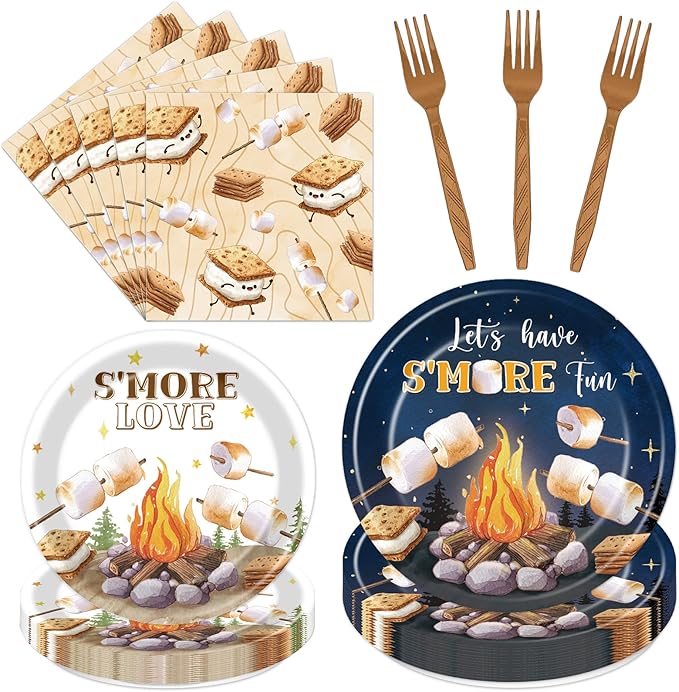 Smores Camping Birthday Party Decorations, 96PCS Camping Disposable Paper Plates and Napkin Tableware Decoration Let‘s Have S'more Fun Forks Decor Baby Shower Supplies, Serves 24