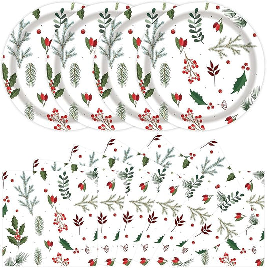 40 Pcs Christmas Plates and Napkins Party Supplies, Disposable Seasonal Holly Paper Plates Napkins Tableware Set for Winter Theme Birthday Holiday Party Decorations Serves 20