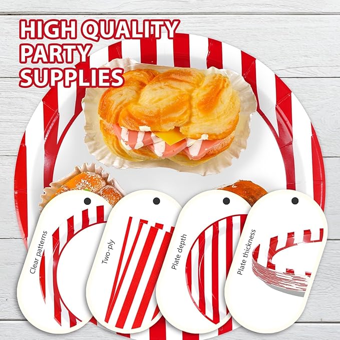 96Pcs Red and White Striped Party Supplies Red and White Striped Paper Plates and Napkins Circus Theme Tableware Set for Summer Pizza BBQ Picnic Baby Shower Birthday Carnival Party Decorations Serve24