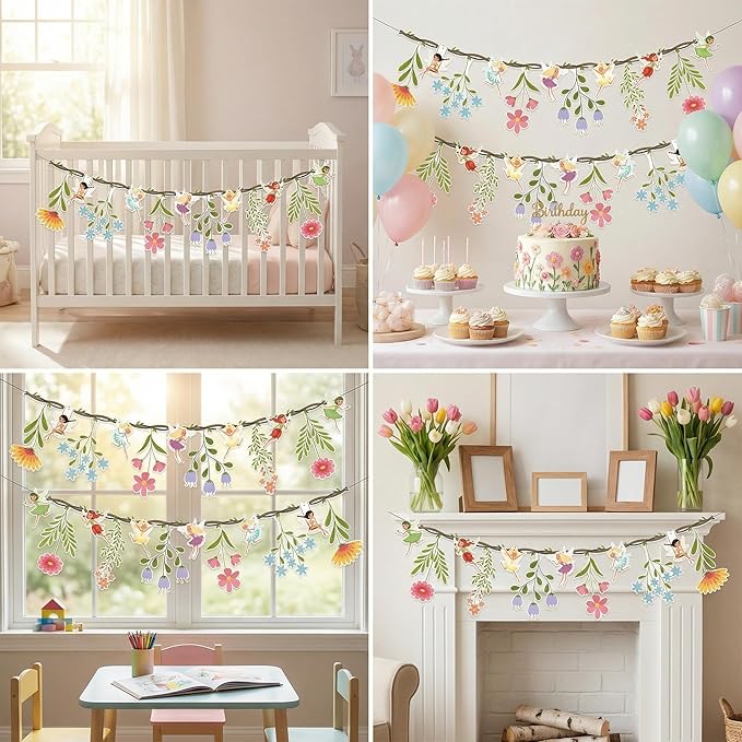 48Pcs Flower Fairy Banner Decorations Floral Designs Wildflower Garland – with 5m Jute Rope, for Baby Shower, Wedding, Easter Backdrop, Enchanted Garden Party Supplies (Fairy)