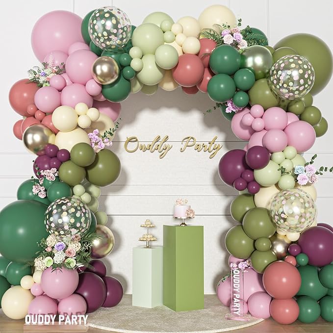 Ouddy Party Dusty Pink Green Yellow Balloons Garland Arch Kit, Different Sizes 18 12 10 5 Inch Sage Olive Green Mauve Plum Pastel Pink Latex Confetti Balloon for Baby Shower Birthday Party Decoration