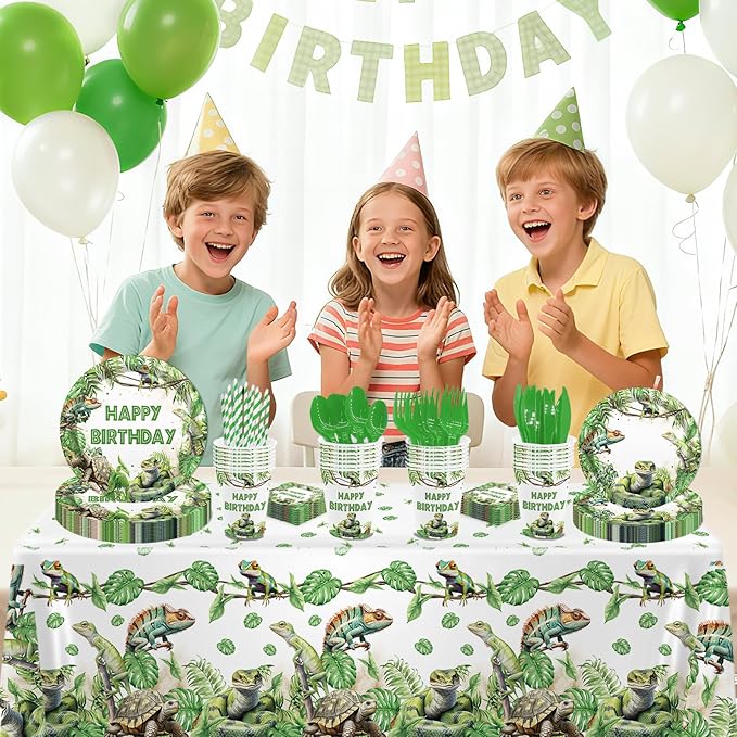 MEHOFOND Reptile Birthday Party Decorations - Happy Birthday Reptile Snake Plates and Napkins - Snake Turtle Palm Leaf Jungle Paper Plates Cups with Tablecloths, Reptile Bday Party Supplies, Serve 24