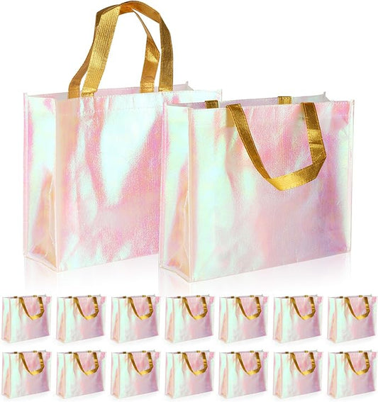 GouZaak 20 Pack Iridescent Gift Bags, Holographic Reusable Party Favor Gift Bags With Handles, 13 x 5 x 11 Inch Large Size Pink Bridesmaid Tote Bags, For Wedding Birthday Holiday