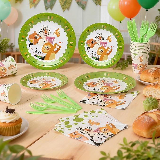 144Pcs Panda Animals Birthday Party Supplies Decorations Animal Themed Paper Plates Napkins Vintage Party Tableware Disposable Dinnerware for Girl Boy Kid Birthday Baby Shower Table Decor, Serve 24