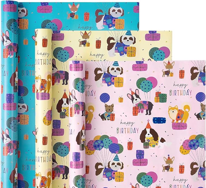 WRAPAHOLIC Dog Wrapping Paper Roll - 3 Short Roll - Birthday Puppy Dog Wrapping Paper for Kids Boys Girls Birthday, Pets Lover - 17 Inch x 120 Inch Per roll