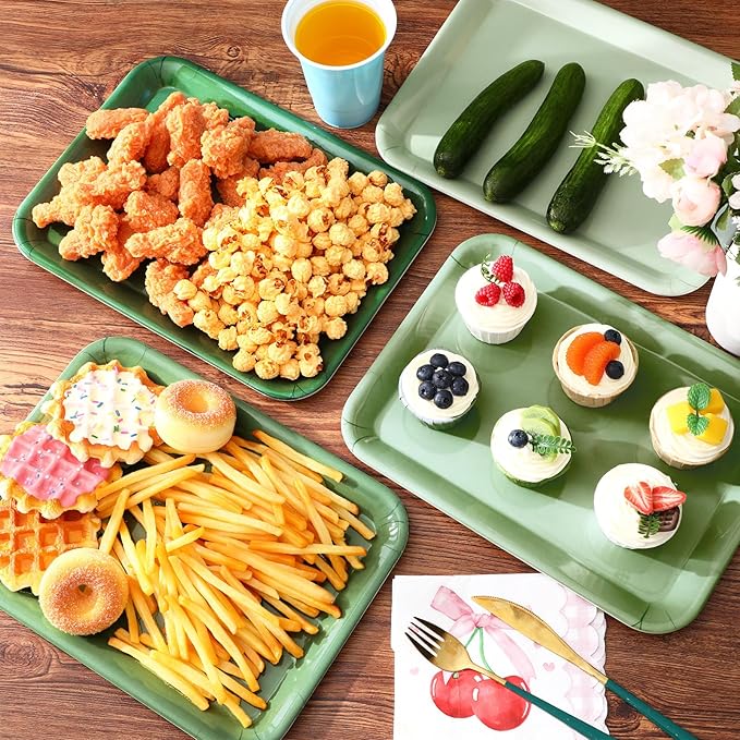 4 Pieces Serving Trays Melamine Platters Reusable Rectangle Party Trays for Theme Party Food Dessert Serving Supplies, 13 x 9.7 inch(Sage Green,Boho)