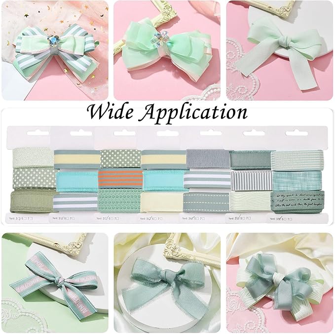 BEEFLYING 3 Styles Green Wire Edged Ribbons for Gift Wrapping Decoration 25~28mm×2.7m Stripe Satin Ribbons for Wedding Party Decoration Hair Bows Flower Designs Sewing and Craft, 9 Yards