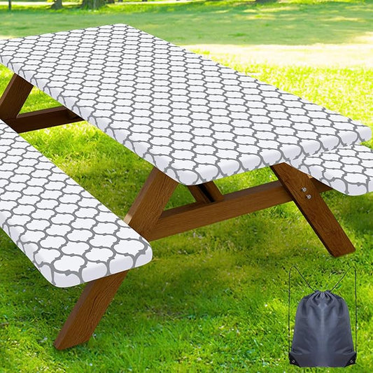 Smiry Picnic Table Cover with Bench Covers, Waterproof Elastic Fitted Tablecloth for 5 Foot Tables, Washable Polyester Tablecloths for Camping, Indoor & Outdoor (White, 30x60 Inch 3-pc Set)