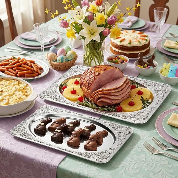 4-Pack Silver Serving Trays Set - ZENOVLUX Vintage Floral Engraved Mirror Decorative Tray, 13.8" x 8.7" Wedding Party Platters for BBQ, Food, Appetizer, Charcuterie, Cookies, Desserts