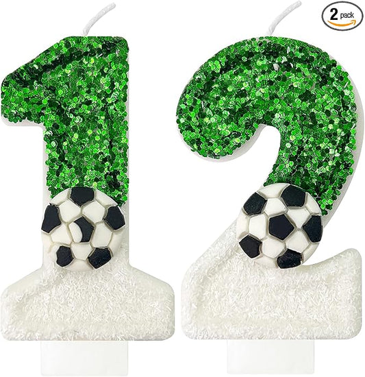 Soccer Birthday Candles Cake Topper for Girl and Boy, Wedding Cakes, Anniversaries, Party Celebrations, Birthday Decorations (Green White, 12)