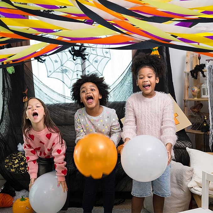 12 Rolls Halloween Crepe Paper Streamers, 4 Colors Halloween Party Streamers for Ceiling, Background Wall, Dining Table, Door, Window, Staircase, Yard Decoration