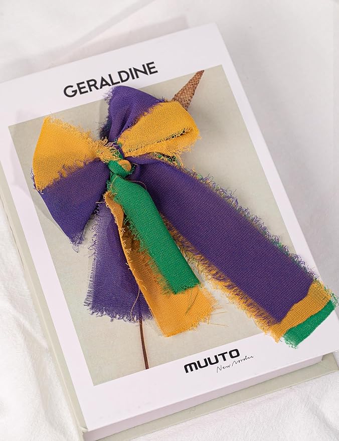 Chiffon Ribbon, Mardi Gras Party Decorations, 1.5''x21Yd Purple Green Yellow Frayed Fringe Silk Ribbon for Gift Wrapping, Floral Vase Decoration, Birthday, Engagement, Bridal Shower, 3 Rolls