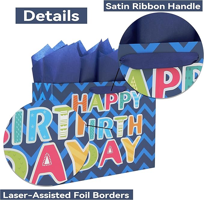 Qirrmiy 13" Large Blue Gift Bag Set with Greeting Card and White Tissue Papers (Laser Foil 'Happy Birthday') for Men's Birthday Party, Boys' or Kids' Parties, Baby Boy - 13”x5.2”x10.2”, 1 Pcs.