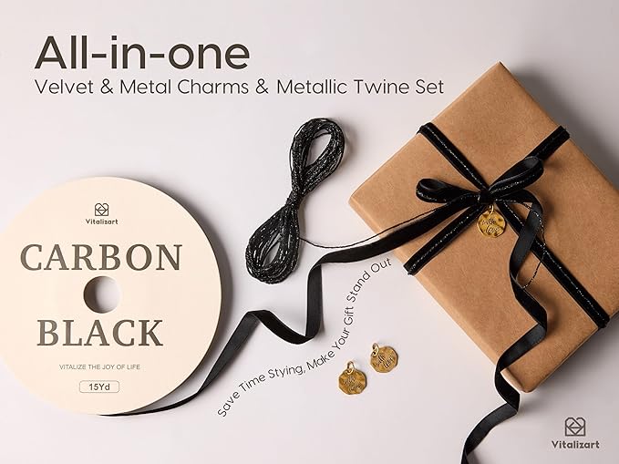 Vitalizart Black Velvet Ribbon Set 3/8" Continuous Fabric Trim Thin Ribbon 15Yd for Gift Wrapping, Tree Ornaments, Vintage Christmas Paper, Crafts, Bows, Holiday Decor with Gift Twine