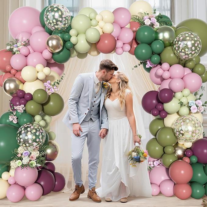 Ouddy Party Dusty Pink Green Yellow Balloons Garland Arch Kit, Different Sizes 18 12 10 5 Inch Sage Olive Green Mauve Plum Pastel Pink Latex Confetti Balloon for Baby Shower Birthday Party Decoration