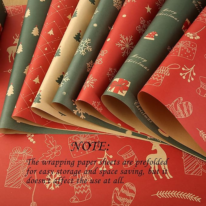SIWRIOM Christmas Wrapping Paper 7 Pack - Large 29 x 20 Inch Vintage Kraft Gift Wrap Sheets with Holiday Designs (Tree, Snowflake, Reindeer) for Xmas Festive Present Decorations