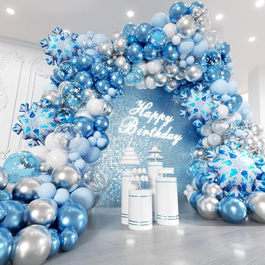 Frozen Balloons Garland Arch Kit - 178Pcs Winter Wonderland Snowflake Blue Silver White Balloon for Winter Wonderland Theme Baby Shower Christmas Snow Girl Princess Birthday Party Decorations