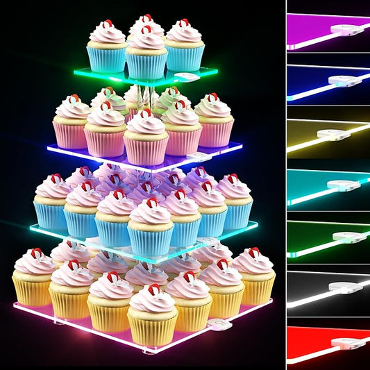 weddingwish 4 Tier LED Cupcake Stand, Clear Acrylic Cupcake Tower with Rechargeable Light, Cupcake Holder for 50 Cupcakes, Cupcake Dessert Display Stand for Parties,Weddings,Birthdays,Baby Shower