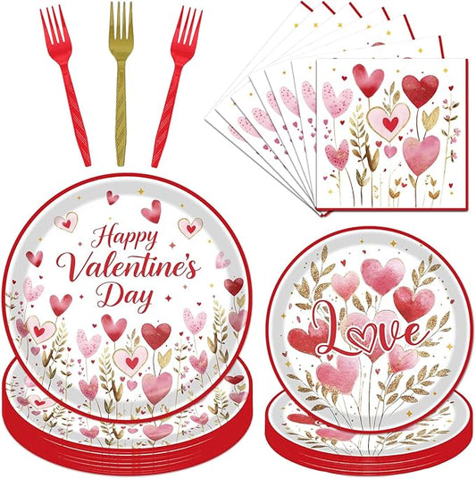 Rakuto Valentines Day Plates and Napkins Decorations, 96PCS Galentines Love Hearts Flower Party Tableware Decoration, Valentine's Day Sweet Love Dinner Forks Decor for Wedding Kitchen Dinner Supplies