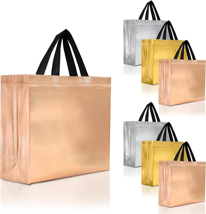 Nush Nush Large Mix Color Gift Bags Bulk - Set of 30 Reusable Gift Bags with Handles (10 of Each Rose Gold, Silver, and Gold) - Large Goodie Bag for Birthday, Bachelorette, Christmas, Events - 13X5X11