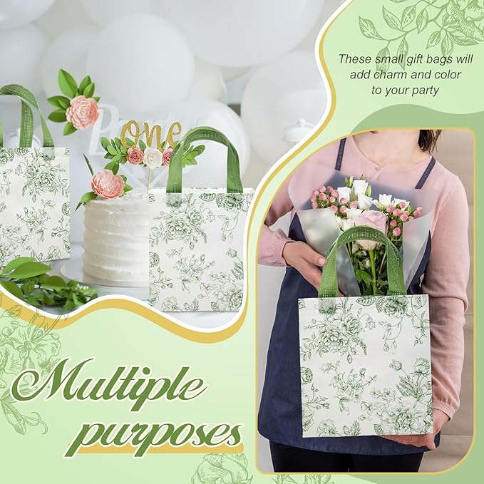 Sweetude 16 Pcs Sage Green Floral Gift Bags Floral Gift Bag with Handles Flower Party Favors Non Woven Reusable Tote for Women Wedding Birthday Baby Shower Mothers Day Party Decorations