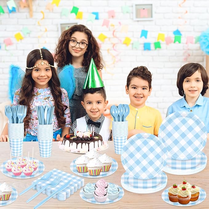 175 Pcs Gingham Party Supplies for 25 Guests, Paper Plates and Napkins Knives Spoons Forks Cups Disposable Party Set Cutlery for Baby & Bridal Shower, Wedding, Birthday Party, Outdoor Picnic ( Blue )