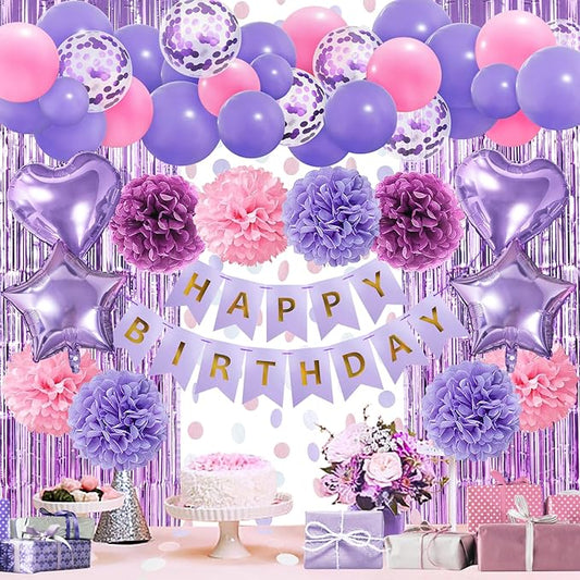 ZERODECO Pink Purple Birthday Party Decorations for Women Girls, Happy Birthday Banner Pompoms Balloon Arch Fringe Curtain Party Décor for Baby Girls Women Purple Pink Party