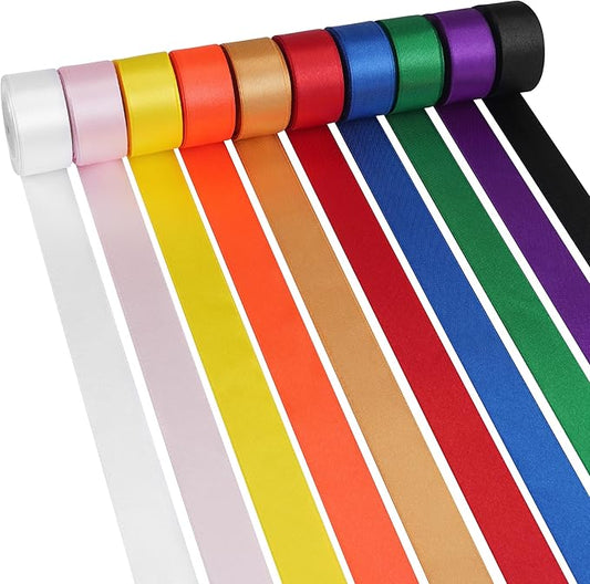 LIUYAXI 1 Inch Rainbow Ribbon Double Faced Stain Ribbon Solid Color Assorted Fabric Ribbon for Crafts,Gift Wrapping,Hair Bows,Wedding Party Decor,Floral Arrangement - 10 Rolls,Total 100 Yards