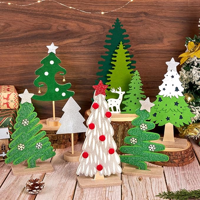 SUNBEAUTY Christmas Table Decorations 7PCS Mini Christmas Trees Felt Centerpieces for Table Decoration with Wooden Base Christmas Tabletop Home Holiday Xmas Party Decor