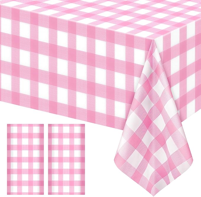 2 Pack Pink Striped Gingham Tablecloths, 54 x 108 Inch Disposable Plastic Rectangle Table Covers, Waterproof Pink and White Checkered Pink Table Cloths for Picnic, Birthday, Party, Outdoor Events