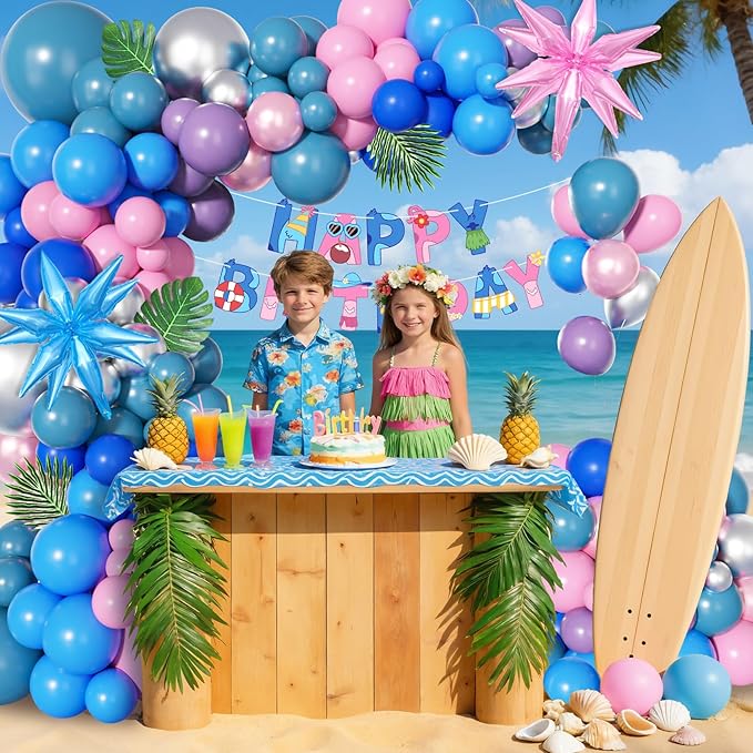 Ouddy Life 160Pcs Pink and Blue Balloons Arch Kit Purple Metallic Silver Star Foil Balloon Happy Birthday Banner Palm Leaves for Birthday Hawaii Tropical Summer Baby Shower Cartoon Party Decorations