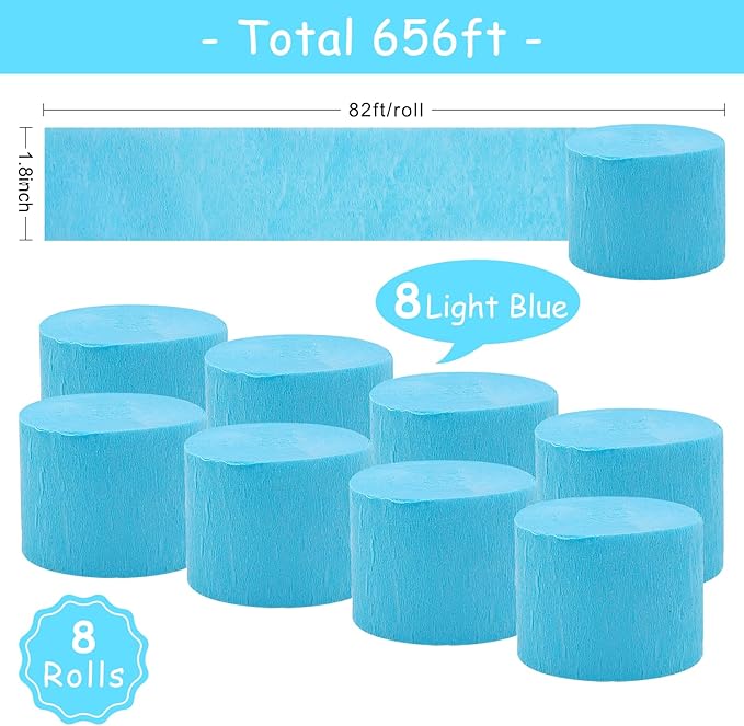 8 Rolls Blue Crepe Paper Rolls Party Paper Streamers Easter Party DIY Photo Booth Backdrop for Winter Birthday Baby Shower Wedding Party Decorations（Total 656ft, 1.8Inch x 82Ft/Roll）
