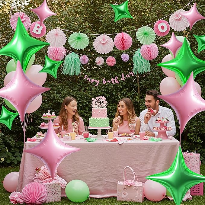 TONIFUL 30Pcs 26In&10In Star Balloons Green Light Pink Four Pointed Foil Mini Star Mylar Balloons for Birthday Wedding Baby Shower Anniversary Engagement Party Decor Supplies