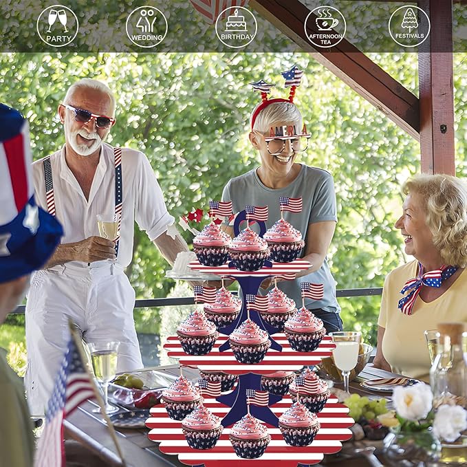 Patriotic Cupcake Stand, 3-Tier Red White Blue Cardboard Dessert Tower, Independence Day Memorial Veterans Day Party Decorations, American Flag Theme Dessert Display (2-Pack)
