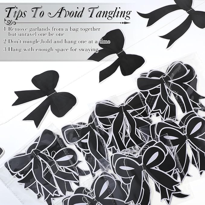 Daifunli 8 PCS Bow Decorations Bow Hanging Banners Garland Banners Paper Cutouts Ribbon Streamers for Birthday Bridal Engagement Bachelorette Wedding Party Decor(Black)