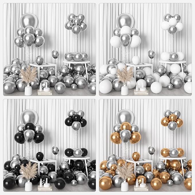 Amandir 153pcs Metallic Silver Balloons Arch Garland Kit Different Sizes 18 12 10 5 Inch Latex Chrome Silver Balloon Birthday Wedding Bachelorette Disco New Year Holiday Party Decorations