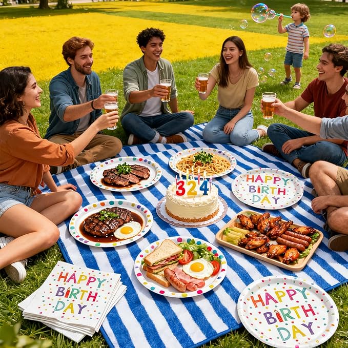 40 Pcs Birthday Plates and Napkins Party Supplies,9-inch Disposable Happy Birthday Dots Dinner Paper Tableware Set for Baby Shower,Party Decoration Serves 20
