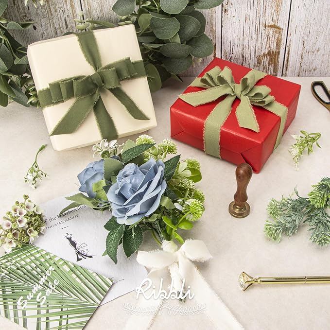 Ribbli 3 Rolls Green Ribbon 1 Inch x 18 Yards Ivory Sage Moss Handmade Cotton Frayed Fringe Ribbons for Gift Wrapping Wedding Invites Bridal Bouquets Baby Shower DIY Crafts Home Decor