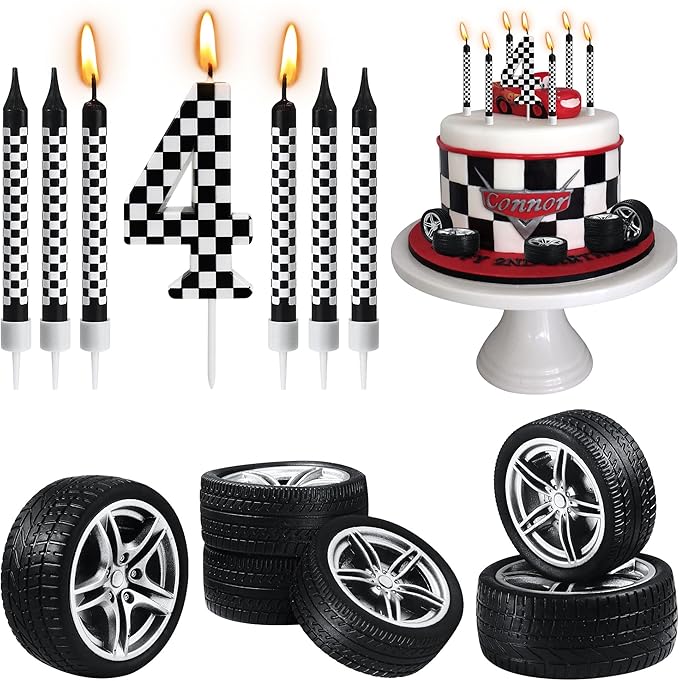 13 Pcs Racing Cars Themed Birthday Candles, Black and White Checkered Birthday Cake Candles, Numeral 4 Candle Wheel Tire for Racing Car Party Decoration Theme Party Supplies