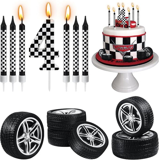 13 Pcs Racing Cars Themed Birthday Candles, Black and White Checkered Birthday Cake Candles, Numeral 4 Candle Wheel Tire for Racing Car Party Decoration Theme Party Supplies