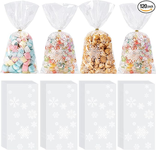 Aegero 120 Pcs Christmas Cellophane Treat Bags, Xmas Gift Candy Goodies Bags with 140 Pcs Twists for Xmas Party Favor Supplies,Kids Party Favors,Snacks Cookies Packing(10.63 x 5.12 inches,Christmas02)