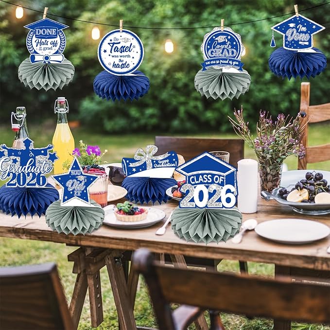 8 PCS Blue Silver Graduation Party Decorations Class of 2026 Blue Congrats Grad Honeycomb Centerpieces Congratulate Graduation Table Toppers for Graduation Party Supplies