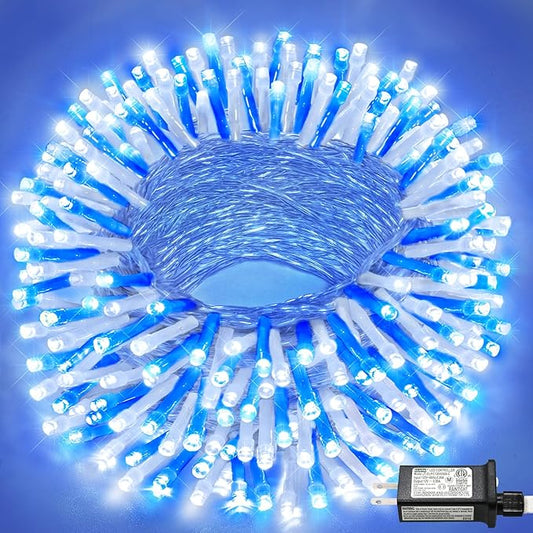 100FT 300 LED Outdoor String Lights, Plug in Christmas Lights Indoor Waterproof with 8 Modes, Connectable Twinkle Fairy Lights Clear Wire for Bedroom Home Patio Yard Party Decorations, Blue and White