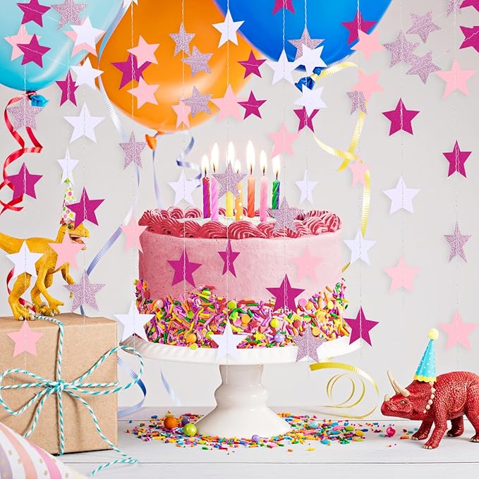 Patelai Glitter Star Garland Banner 2026 Graduation Decor 130 Feet Star Hanging Banner Twinkle Backdrop for Party Birthday Classroom Wedding Supplies(Pink,Rose Red,White)