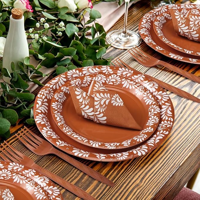 AmazingSpark 122 Pcs Brown Cielito Lindo Baby Shower Decoration Platos De Barro Mexicanos Fiesta Talavera Paper Plates Mexican Napkins Forks Tableware Set for Birthday Weeding Party Supplies, Serve 24